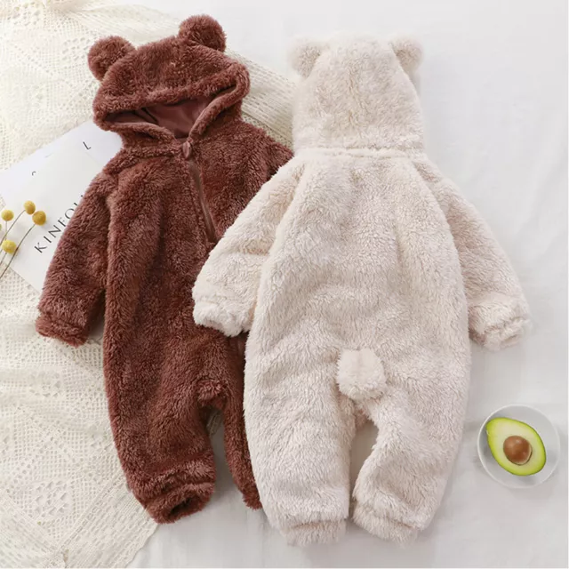 Newborn Baby Boys Girls Teddy Bear Warm Fleece Fulffy Jumpsuit Romper Playsuits