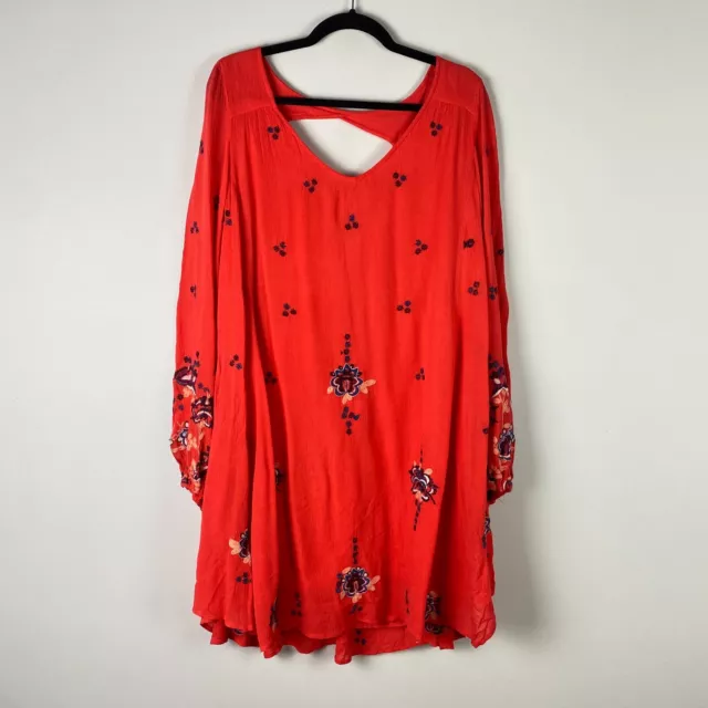 Free People Oxford Embroidered Floral Shift Mini Dress Red Combo Small