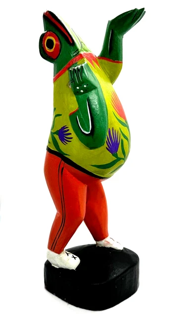 Anthropomorphic Colorful Carved Wood Standing Frog  12”