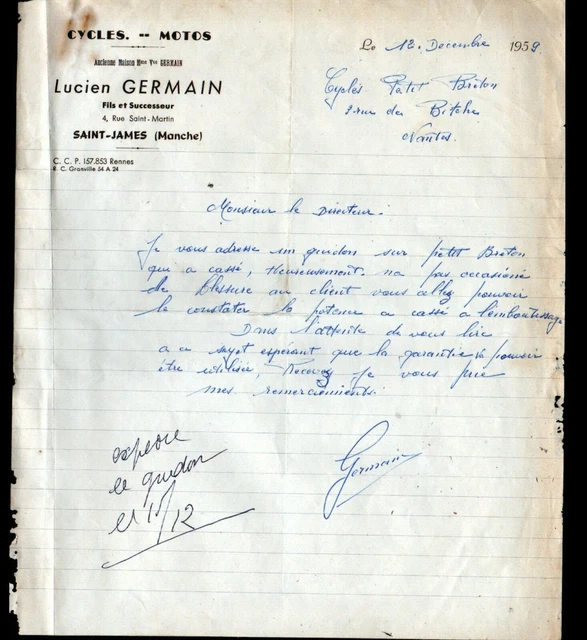 Lot D'anciennes Factures Garage, Cycles Et Motos - Rhône-Alpes 1959