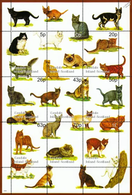 CATS Cat Breeds 9-Value MNH Stamp Sheet (1999 Easdale Island Scotland/GB Locals)