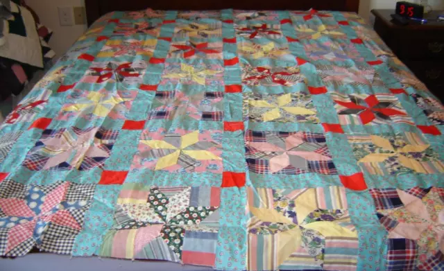 TOP DE EDREDÓN DE COLECCIÓN AÑOS 1940-50 ESTRELLA EN UN CUADRADO 70 X 81 COSIDO A MANO Y A MÁQUINA chatarra