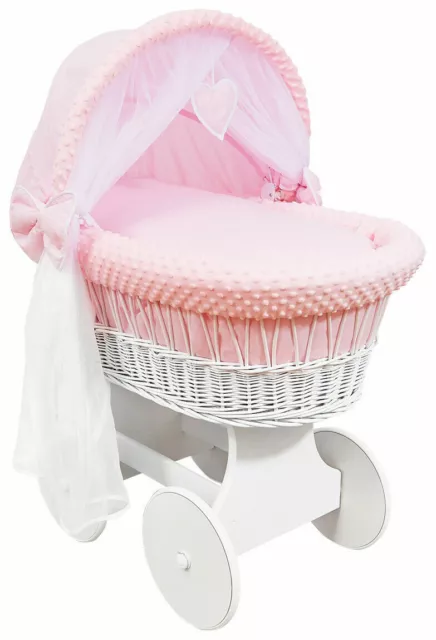 White Wicker Wheels Crib/baby Moses Basket + Complete Bedding Pink/dimple