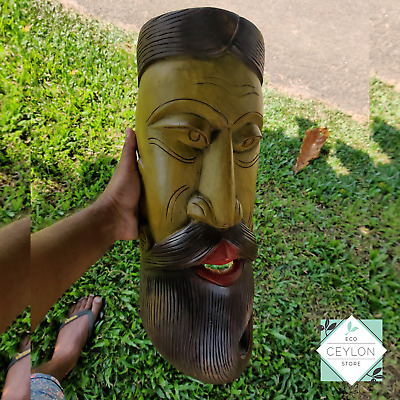 Wooden Yellow Color Old Man Long Beard Mask With Pipe Hand Carved Wall Decor Hom