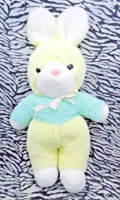 J/ Doudou Peluche Vintage Lapin Nounours Jaune Vert Blanc Nez Rose 35Cm Ttbe