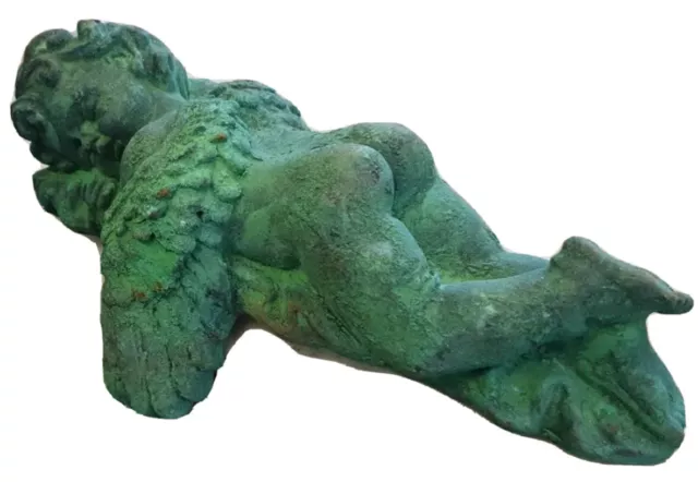 SLEEPING CHERUB ANGEL Rustic Verdigris Patina Cast Iron Ornament Garden Decor