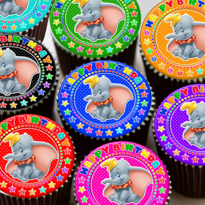 DUMBO BUON COMPLEANNO BLU personalizzato glassa Commestibile Cupcake Topper 052 