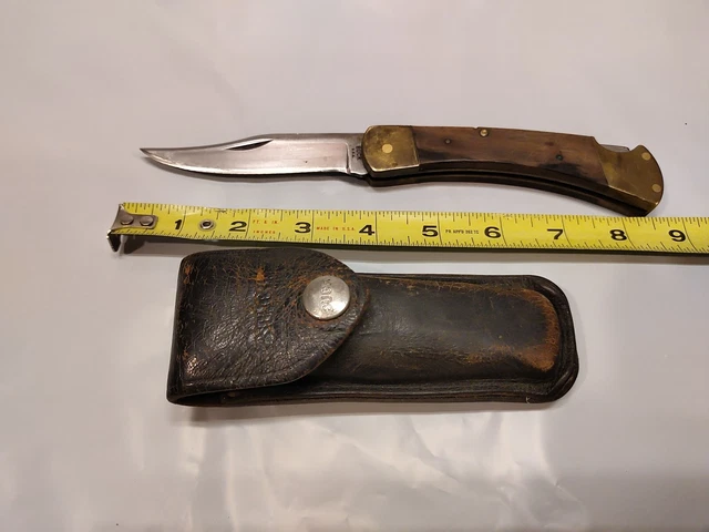 Vintage BUCK  Pocket / Folding Knife - U.S.A. w/ Black/Brown Leather Sheath