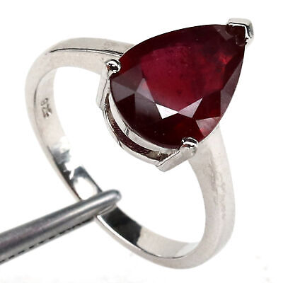 NATURAL 9 X 13 mm. PEAR BLOOD RED RUBY RING 925 STERLING SILVER SIZE 7.75