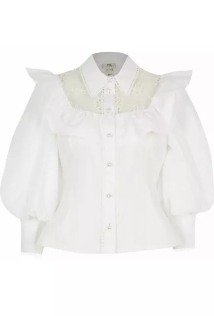 River Island White Embroidered Puff Sleeve Frill Shirt 6 XS