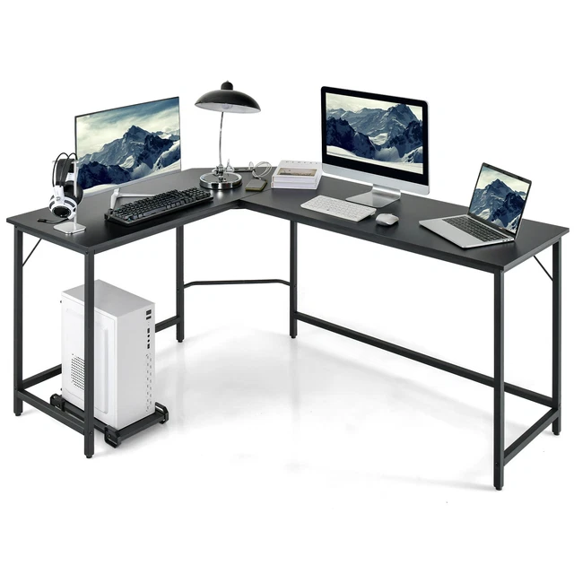 COSTWAY L-SHAPED DESK Computer Corner Desk Office Workstation w/Power ...