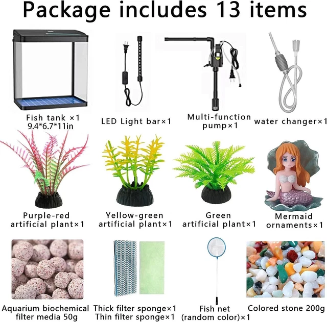 Aquarium Betta Fish Tank Glass Pump Net LED Light Plants Ornament Stone 2.3 Gal 2