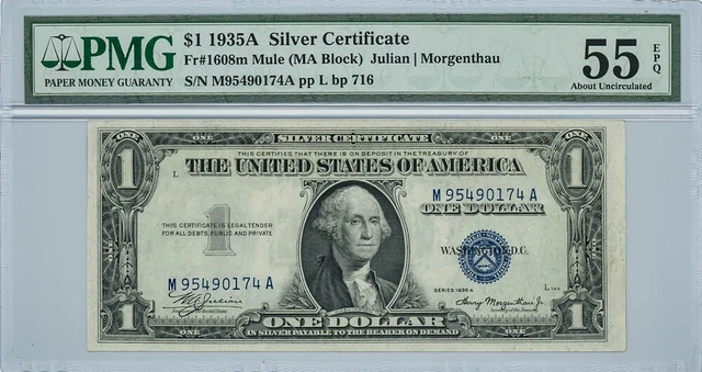 FR #1608m $1 1935A Silver Certificate Mule AU55 EPQ PMG DC-6303