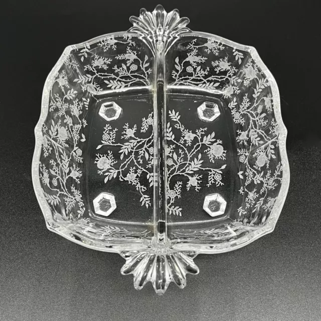 Vintage Fostoria Floral Etched Elegant Glass Chintz Divided Relish Dish
