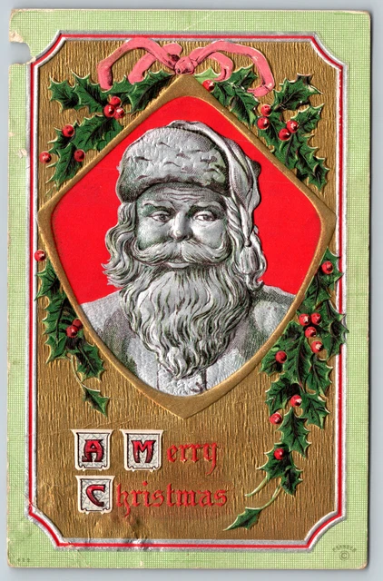 c1910s Merry Christmas Santa Claus Gold Silver Gilded Embossed Vintage Postcard