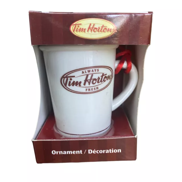 Tim Hortons Christmas Ornament 2011 In Rest Coffe Cup White Mug Ceramic HTF