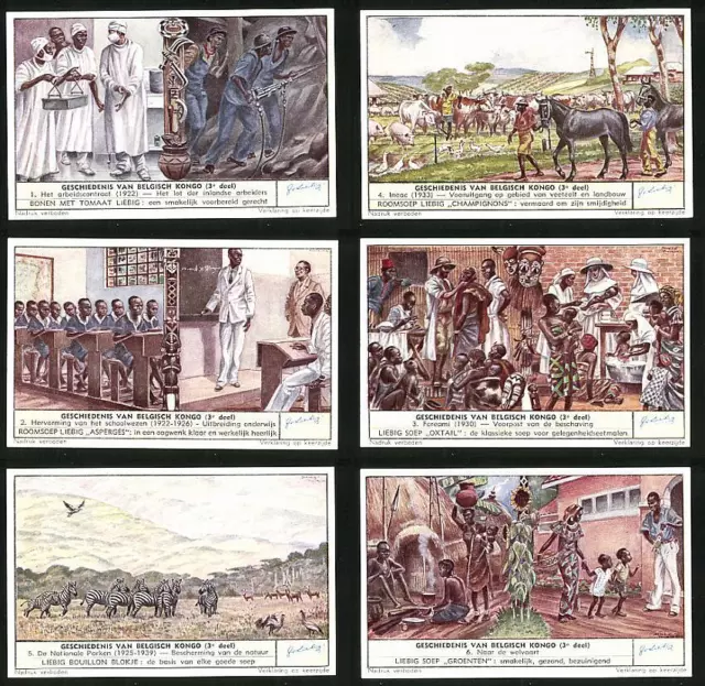6 Sammelbilder Liebig, Serie Nr. 1547: Geschiedenis van Belgisch Kongo, Naar de