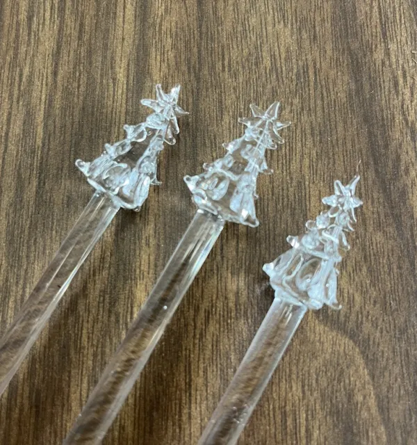 Set of 3 Pier 1 Clear Art Glass Christmas Tree Xmas Holiday Time Swizzle Sticks