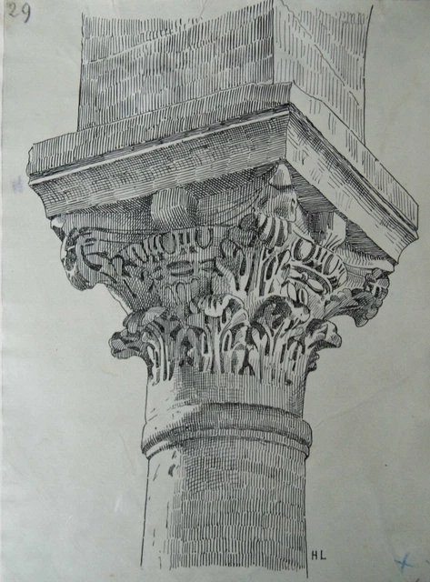 Dessin Original Signé Henri Laffillee - Chapiteau Du Narthex De Saint-Menoux - Architecture