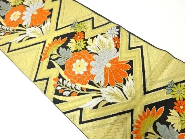 36429# Japanese Kimono / Antique Fukuro Obi / Matsukawabishi & Flower