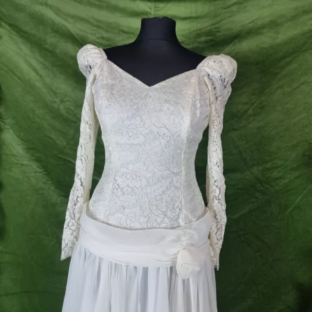 Vintage 1980s Lace & Tulle Drop Waist Wedding Dress 8-10 2