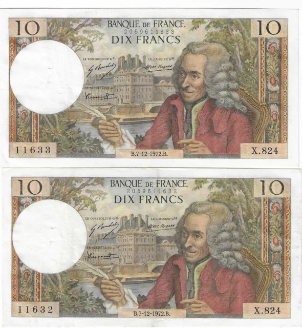 FRANCE Voltaire 10 Francs 1972 Extra-Fine Pinholes Consecutive Notes