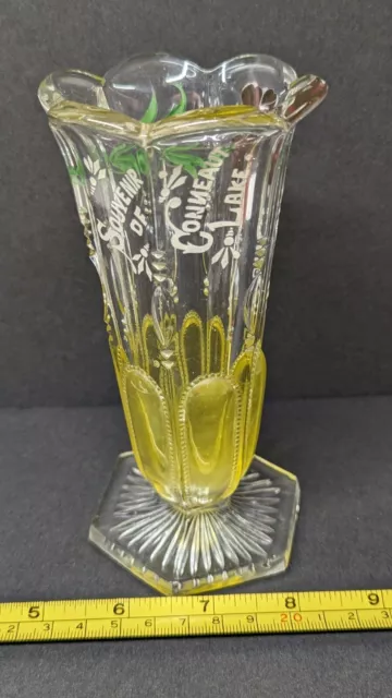 CONNEAUT LAKE PARK 1902 Michigan pattern Uranium US Glass Co. Vase Souvenir VNTG