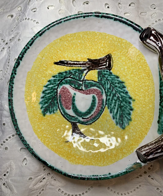 Vintage Italian Majolica Pottery Split Double Bowl Serving Dish Fruit and Branch 2