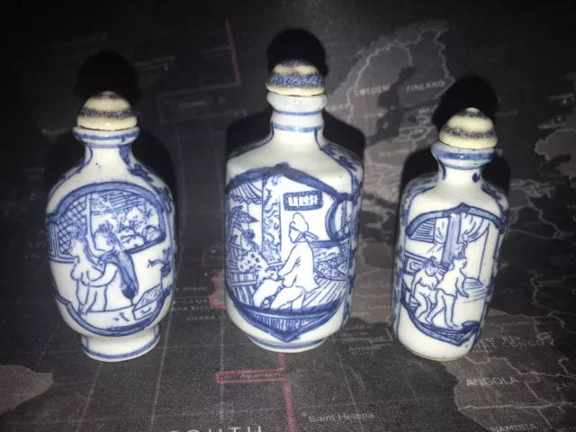 VTG Chinese Blue White Porcelain Snuff Bottle Perfume poison Stoppered flacon