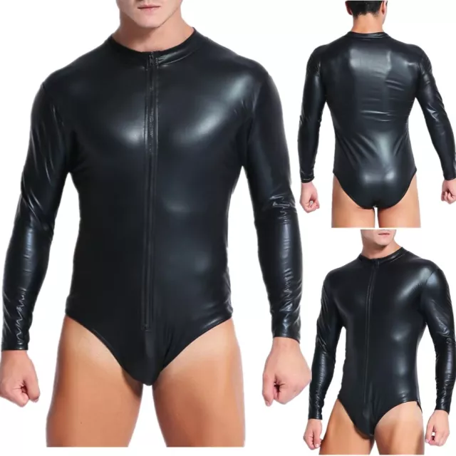 Men's Sexy Wet Look Patent Leather Leotard One Piece Zipper Bodysuit Clubwear