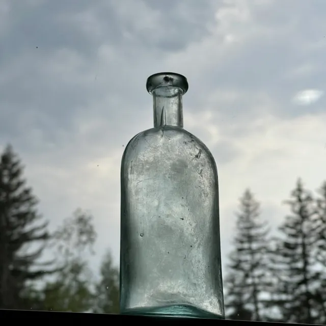 Early Medicine Druggist Aqua Oval Glass Bottle Applied Lip Embossed H Base