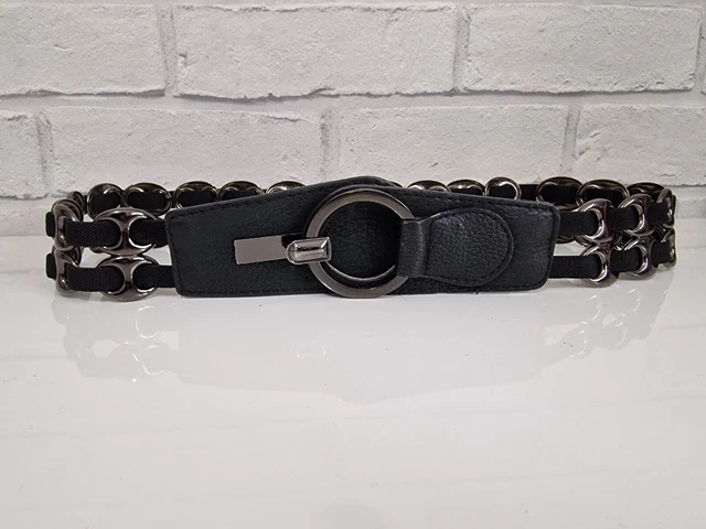 Cintura Vita Vintage 28"" - 36"" Argento Nero Catena Metallo Allungata Gotica Grossa
