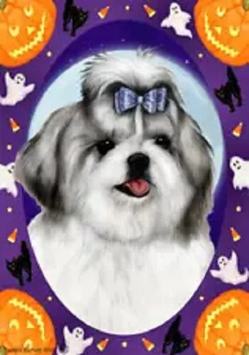 Halloween Garden Flag - Silver and White Shih Tzu 123521