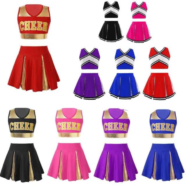 Kids Cheerleading Outfits for Girls Uniform Dancewear Crop Top+Skirt Set Costume