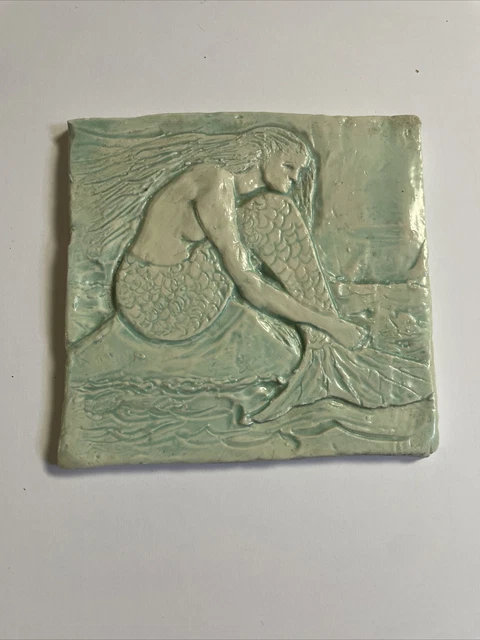 6”  Mermaid Handmade Porcelain Tile Art Decor Sculptured Aqua