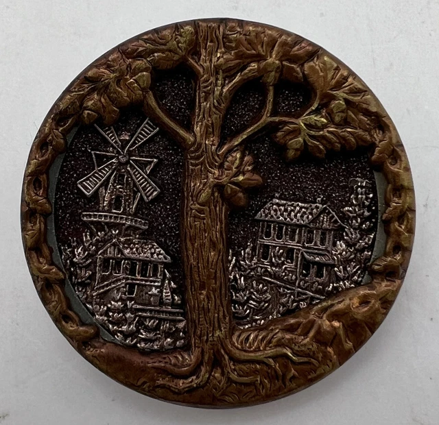 Antique Picture Button Charter Oak w/Acorns Windmill Village Scene Lovely
