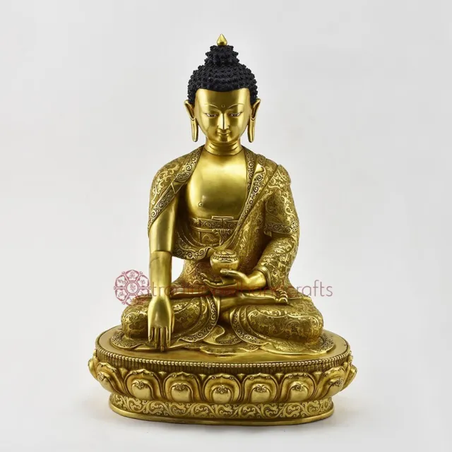 Hand Carved Gold Plated 13.5" Shakyamuni Buddha / Sangye Tomba Statue