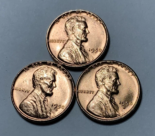 (BU Red Gem) 1950 P D S Lincoln Wheat Cent  3 Penny Set SUPERB Looking Coins