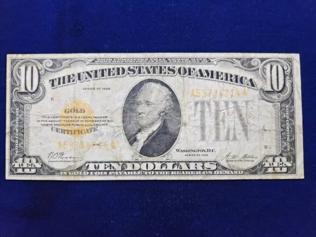 🌟 1928 $10 Gold Certificate Fr. 2400 Woods/Mellon Currency Note
