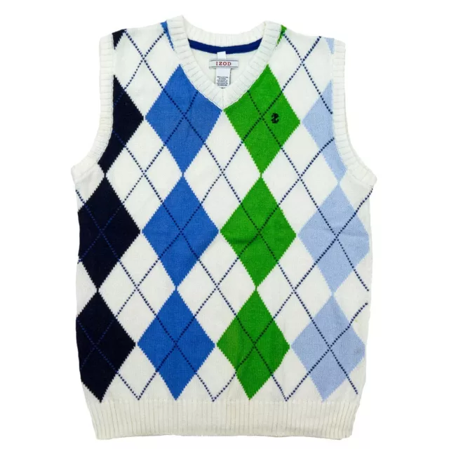 IZOD LACOSTE Cotton White w/ Blue & Green Argyle Sweater Vest (Youth LG 14/16)