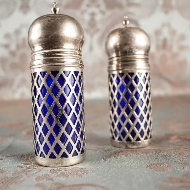 ANTIQUE Made in England Blue Goblet Glass Silver Plated Salt and Pepper Shakers