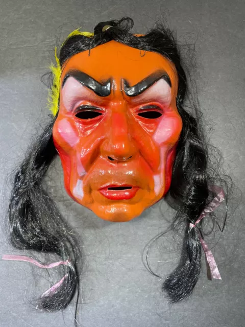 Vintage Native American Indian Halloween plastic mask w/ hair Made in Hong Kong