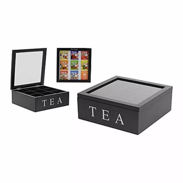 Wooden Tea Box Bag Storage 9 Compartments MDF Glass Lid Hinged Caddy Black 22cm