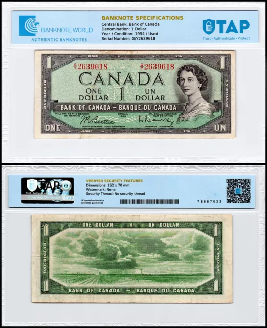 Canada 1 Dollar, 1954, P-74b, Used, Authenticated Banknote