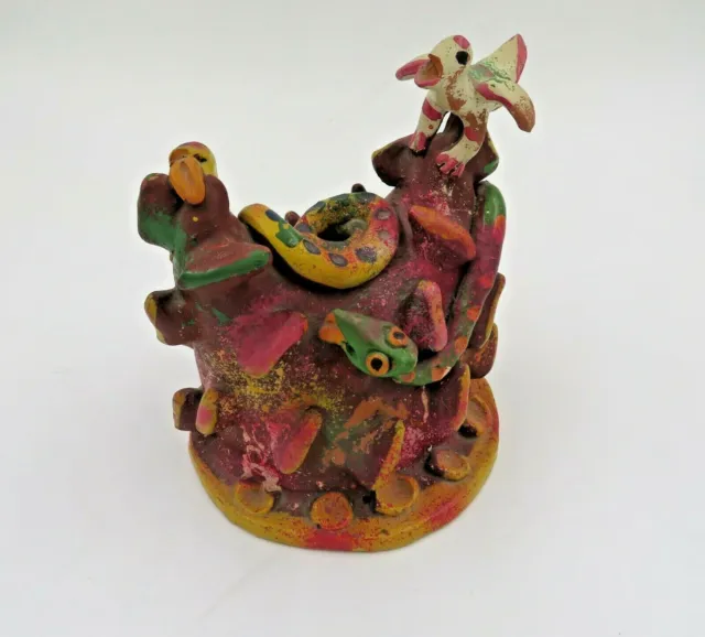 Fabulous Whimsical Mexican Folk Art Pottery Snake With Bird Sculpture 2
