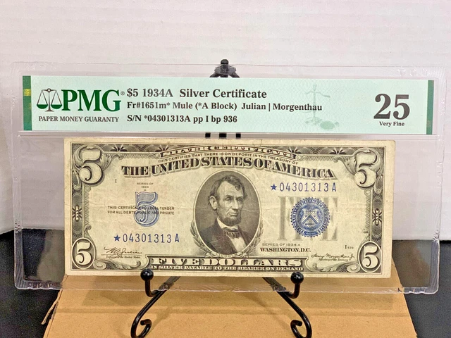 1934-A $5 Silver *STAR* Certificate MULE Serial #*04301313A PMG Very Fine 25