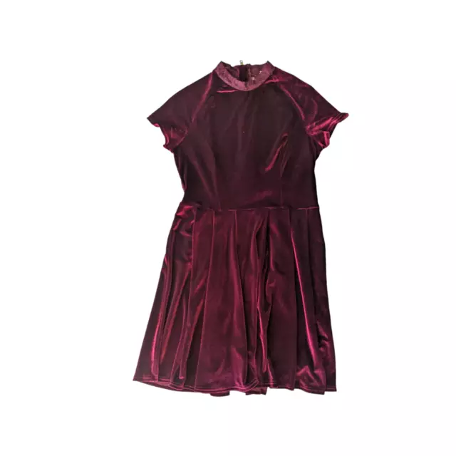 ASOS Velvet Skater Dress Lace Panel Short Sleeve Mock Neck Burgundy Maroon Vamp