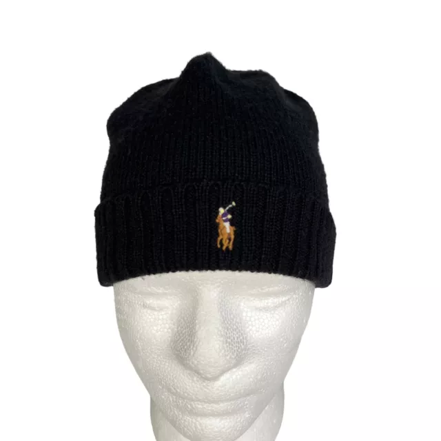 Polo Ralph Lauren Mens Black Signature Merino Wool Cuffed Beanie Hat One Size