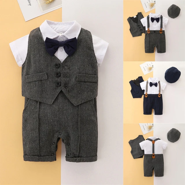 Baby Boys Gentleman Outfits Vest + Jumpsuit Shorts + Hat Set Formal Wedding Suit