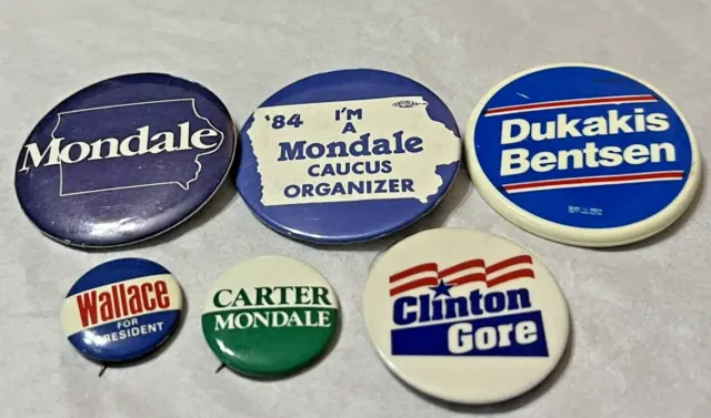 Lot Of 6 Vtg Campaign Pins Democrats Wallace Clinton Gore Dukakis Carter Mondale